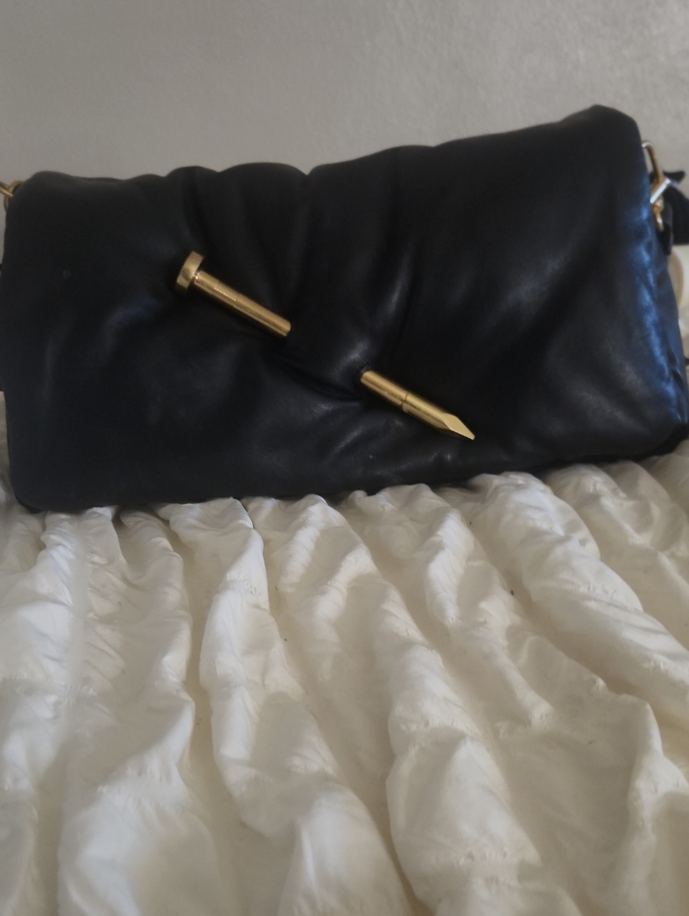 Off-White Black Padded Clutch with Gold Nail Hardware